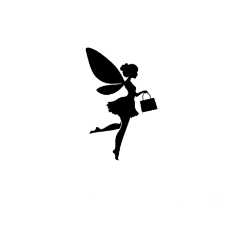 Faery Girl Finds logo: black silhouette of a fairy with shopping bag