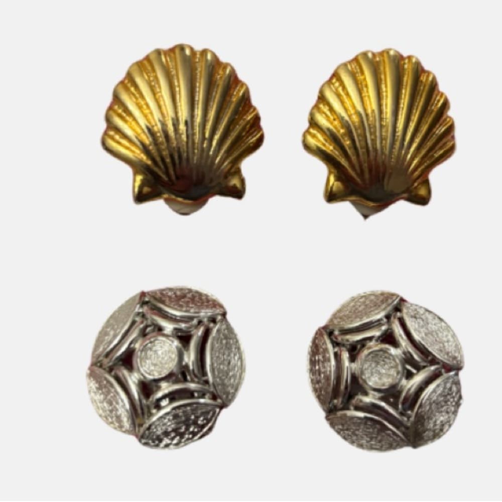 Vintage Gold and Silver Tone Shell and Round Clip-On Earrings Set