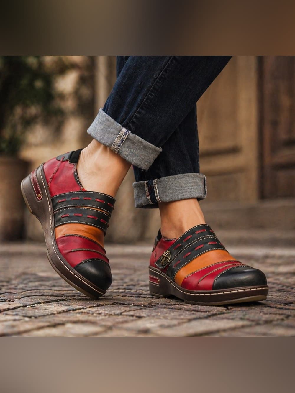 Women’s Colorblock Leather Clog Mules in Red, Black & Tan