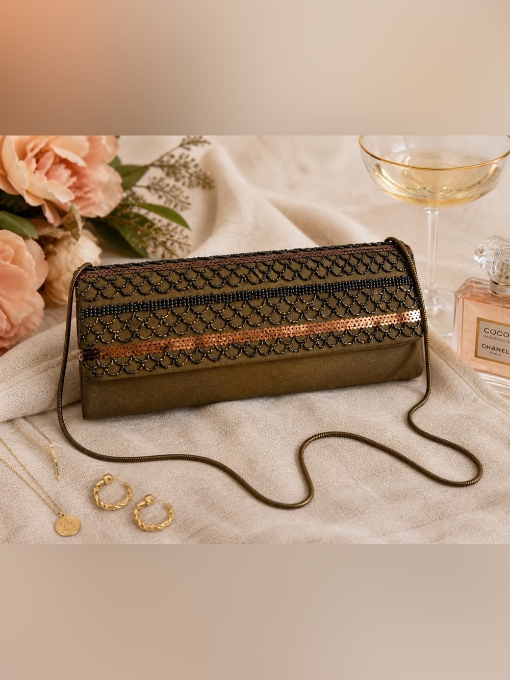 Olive Green Embellished Evening Clutch with Chain Strap