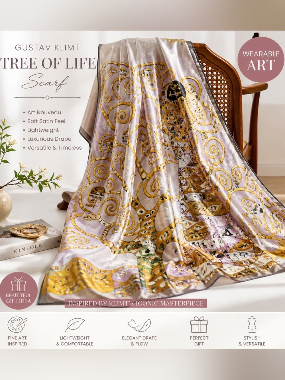 Tree of Life Satin Scarf in Gold & Cream