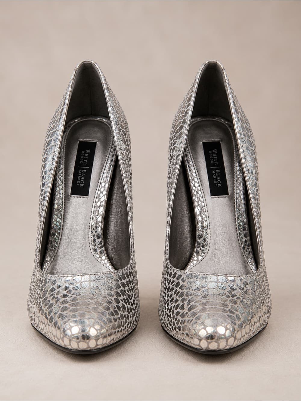White House Black Market Metallic Silver Snake-Embossed Pointed Pumps