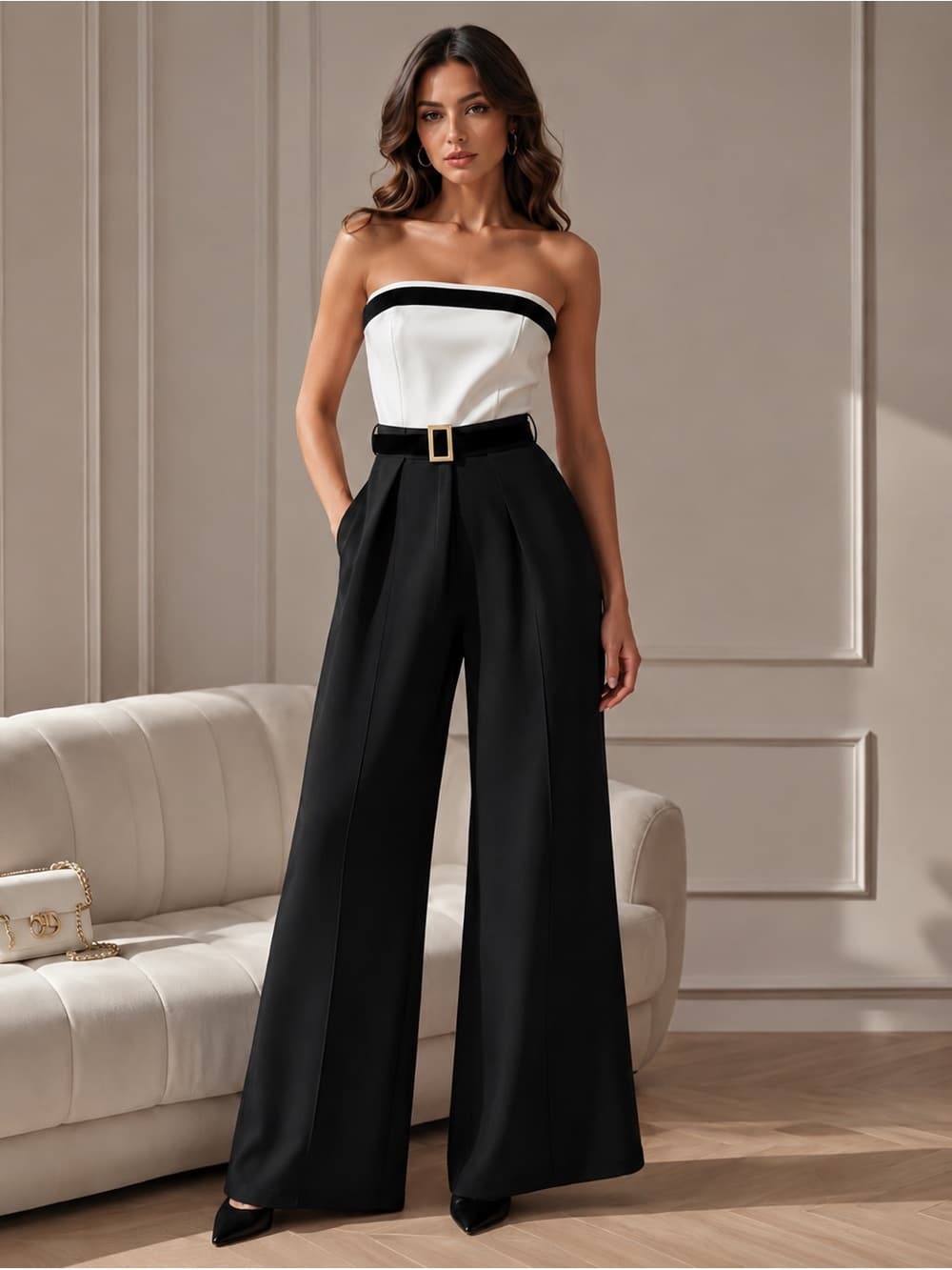 Strapless Black & White Wide-Leg Jumpsuit