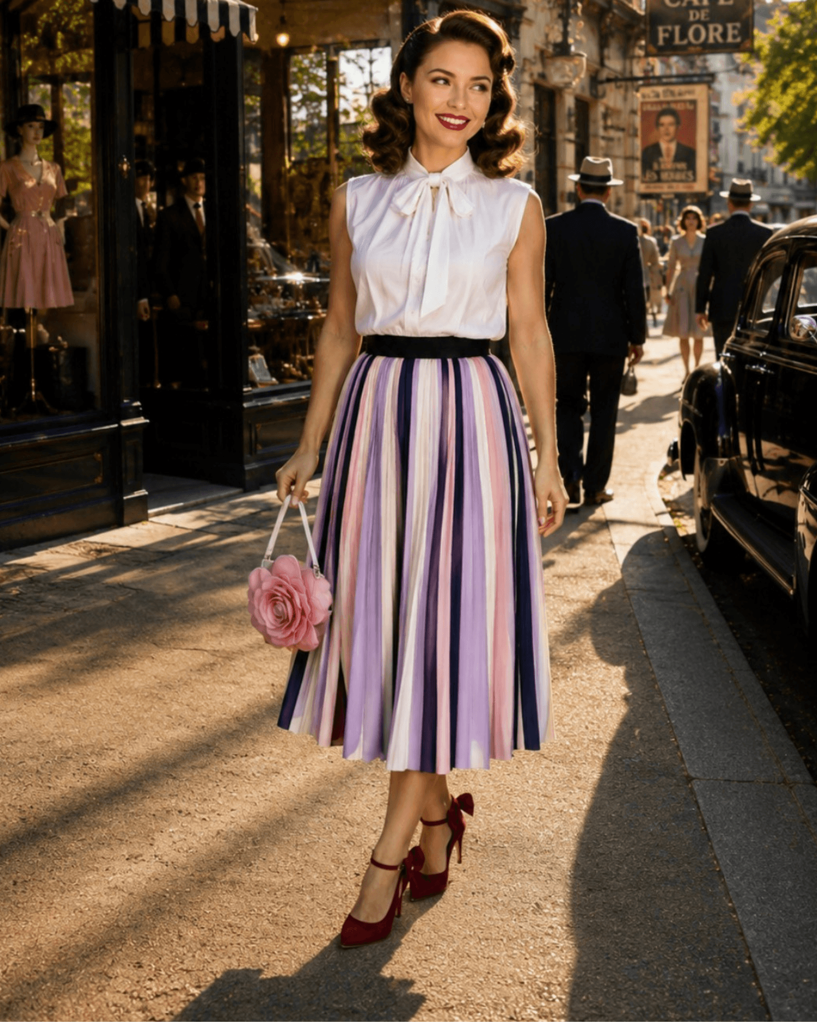 Pastel Promenade Pleated Midi Outfit (XS ELLE Skirt & Small WORTH Blouse