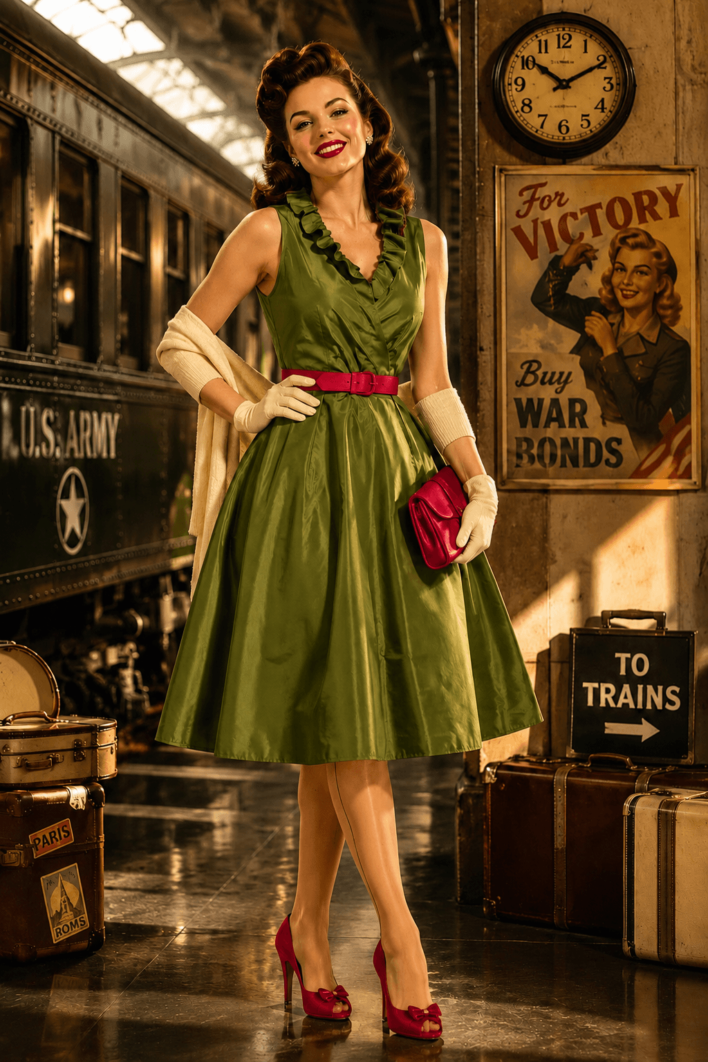 1940s Olive Green Vintage Glam Dress | Cranberry Accent Pin-Up Midi | Old Hollywood Elegance (Size 4)