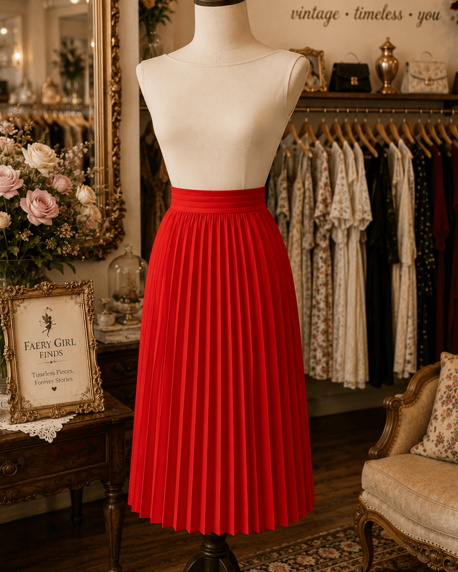 Vintage Studio West Crimson Pleated Midi Skirt | Old Hollywood Glam Vintage-Inspired Elegance