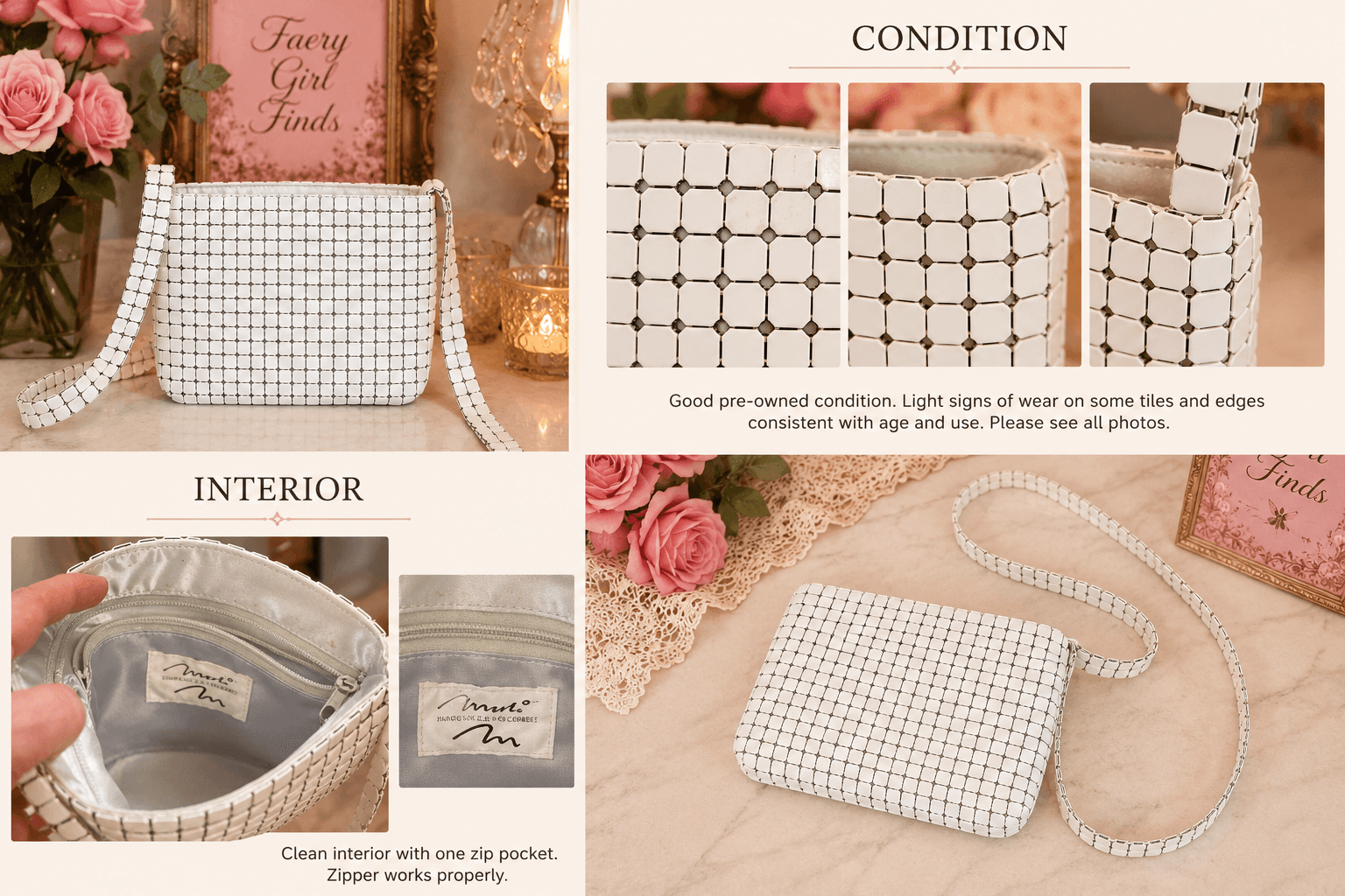 Mario White Metal Tile Mesh Shoulder Bag | Y2K Mod Handbag photo 2