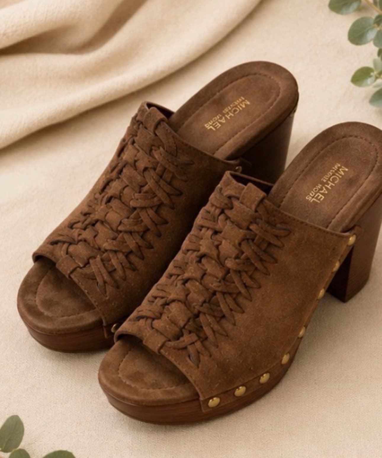 Michael Kors Brown Braided Suede Platform Mule Clogs – Women’s Size 7.5 – Boho Chunky Heel