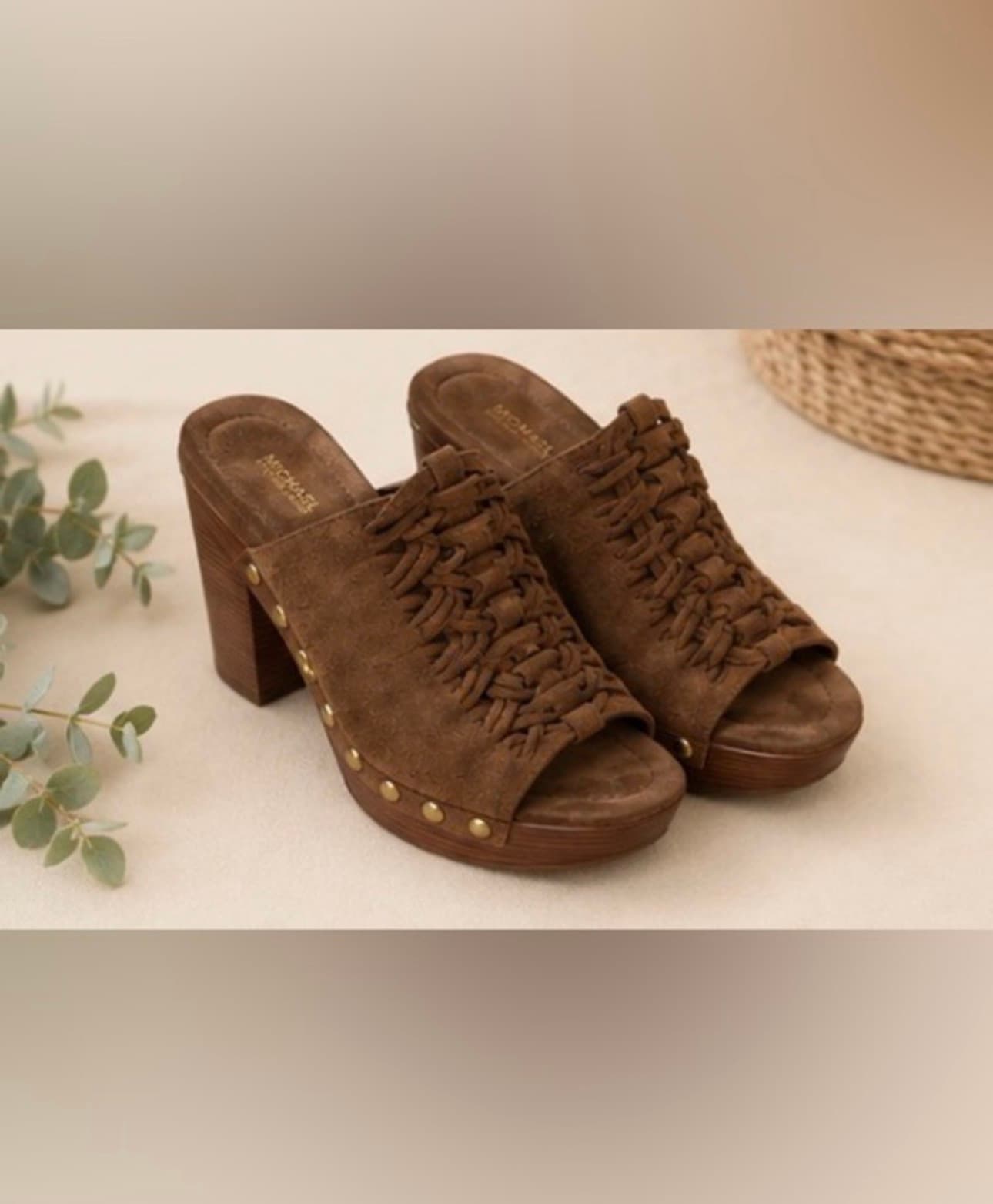 Michael Kors Brown Braided Suede Platform Mule Clogs – Women’s Size 7.5 – Boho Chunky Heel photo 2
