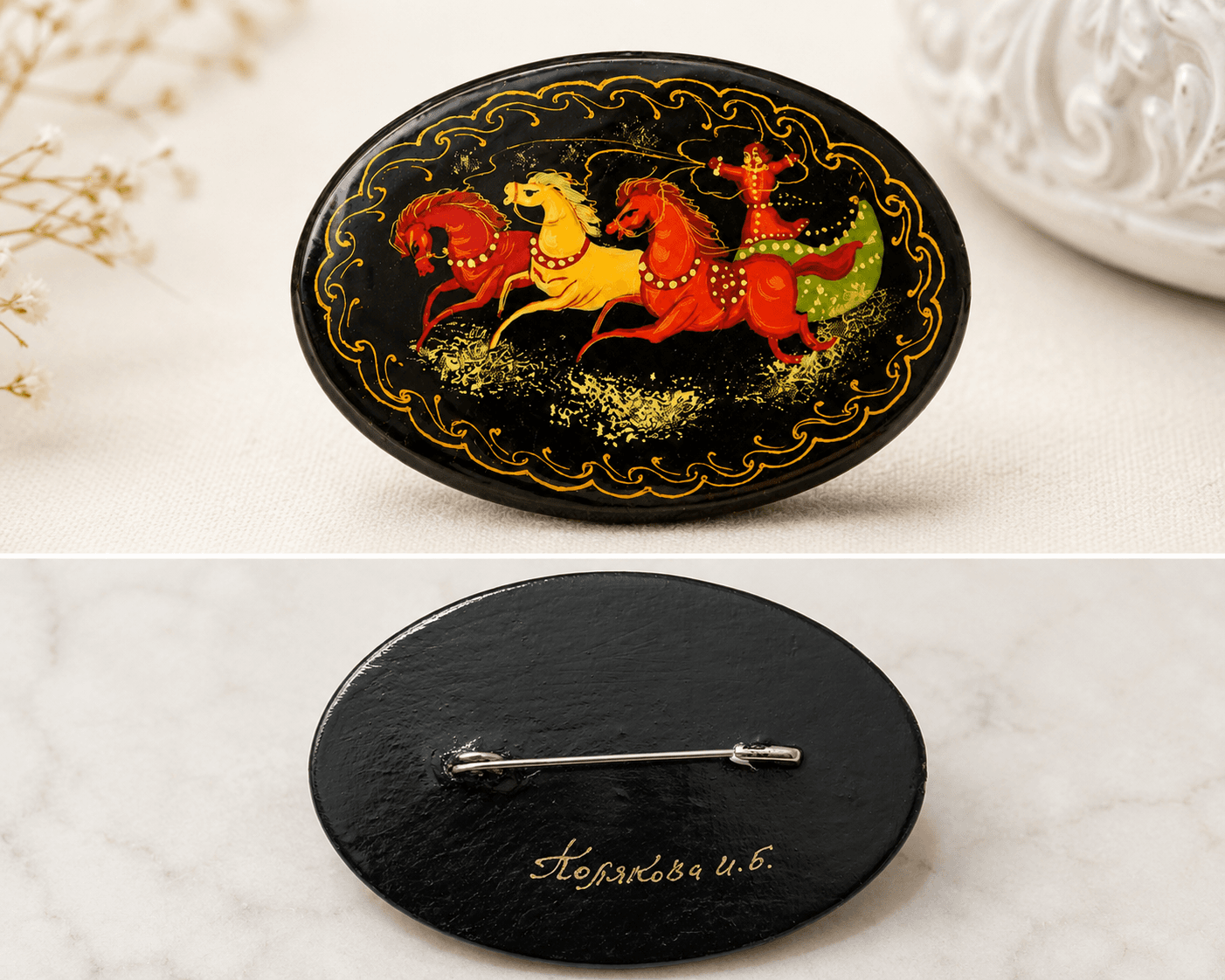 Vintage Russian Lacquer Hand-Painted Brooch – Troika Horses Signed Artisan Pin photo 2