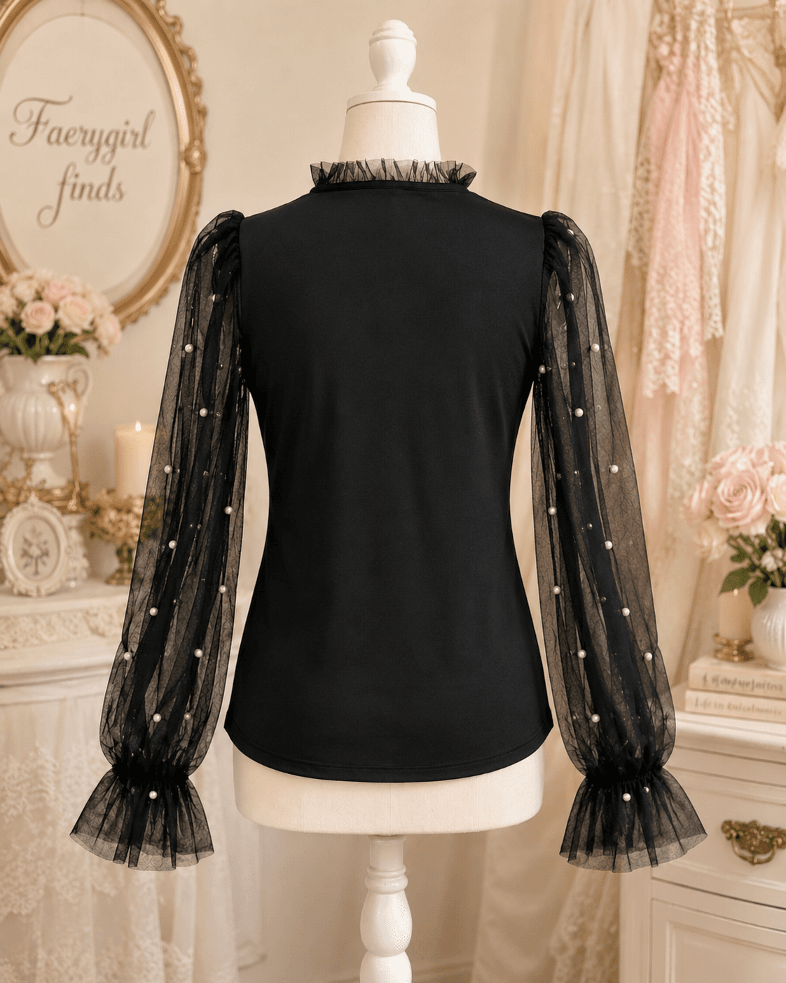 Black Pearl Sheer Sleeve Blouse – Size Medium photo 2