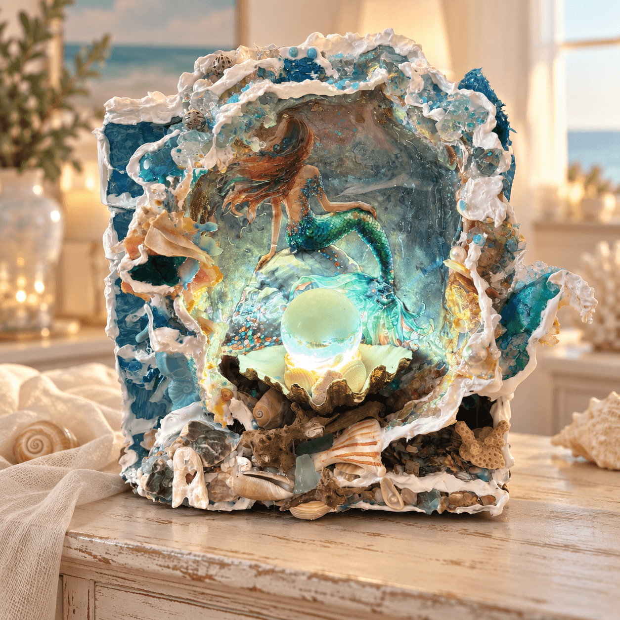 Enchanted Mermaid Grotto – One-of-a-Kind Handmade Lighted Art Lamp